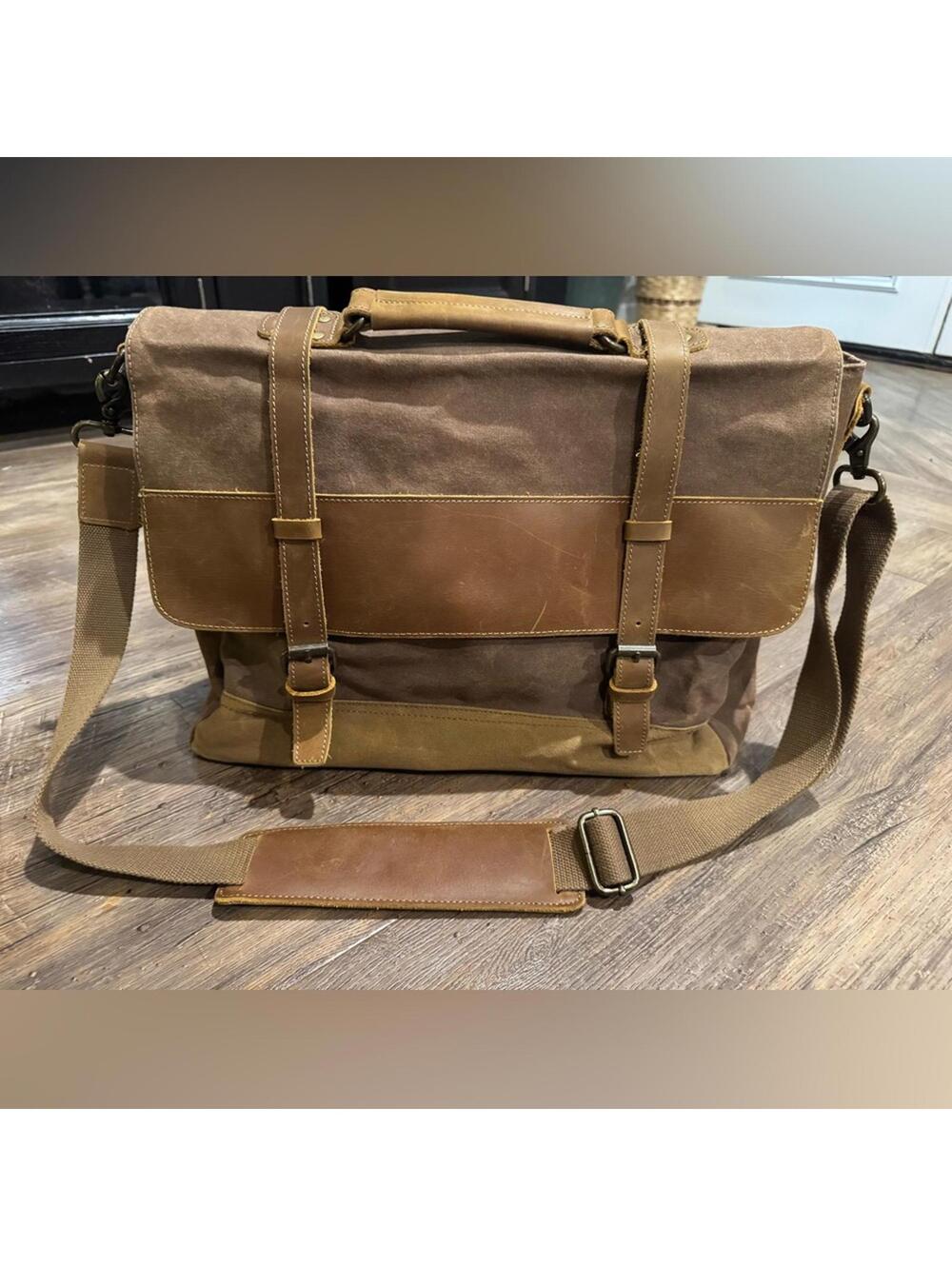 NEWHEY Mens Messenger Bag Waterproof Canvas Leather Computer Laptop Bag 15.6”